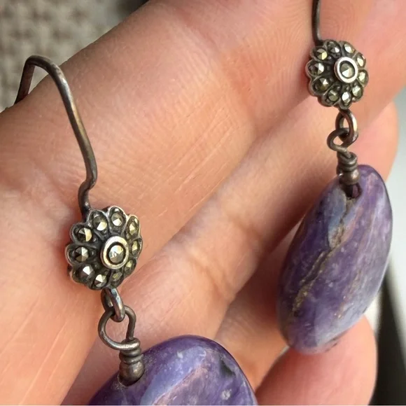 Handmade Chariote Purple Gemstone Sterling Silver Boho Dangle Earrings - Picture 7 of 17